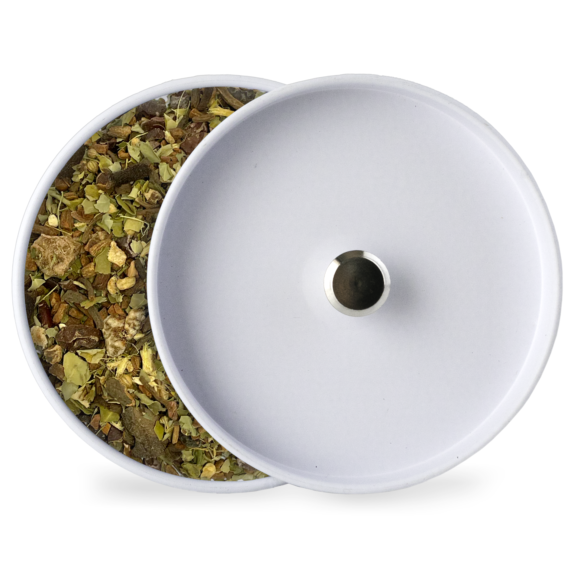White-lidded container with opening, showing loose herbal tea leaves beside it