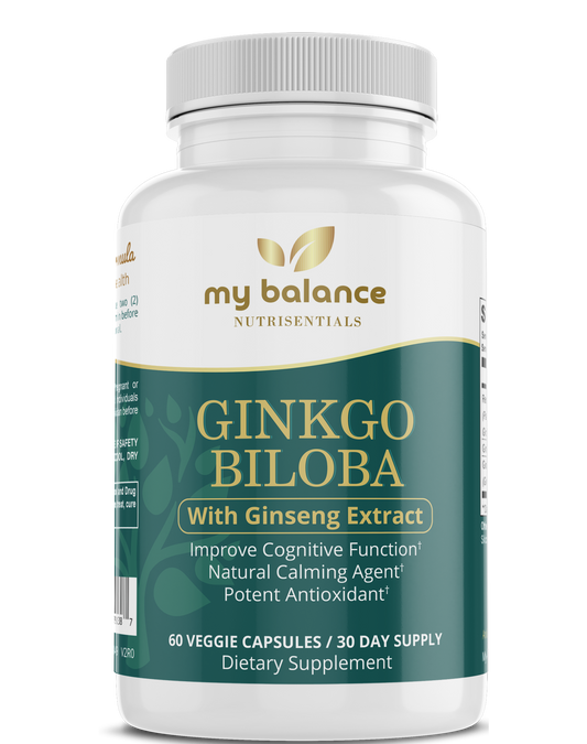 Ginkgo biloba supplement bottle with ginseng extract, veggie capsules, 60-count