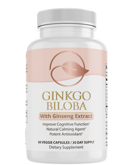 Ginkgo Biloba dietary supplement bottle with silver cap and pink label front