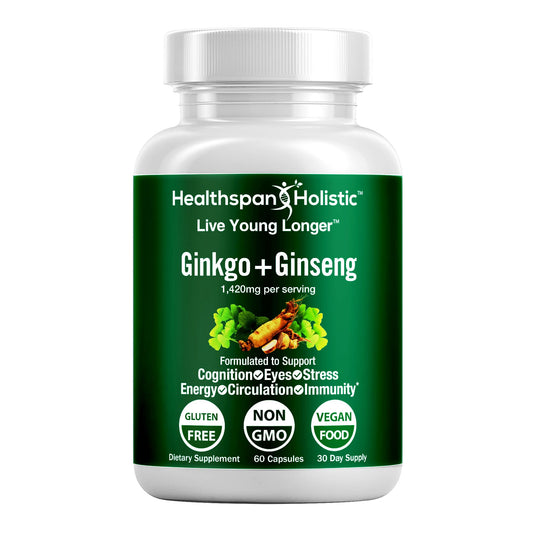 Ginkgo + ginseng dietary supplement bottle with green label and white cap
