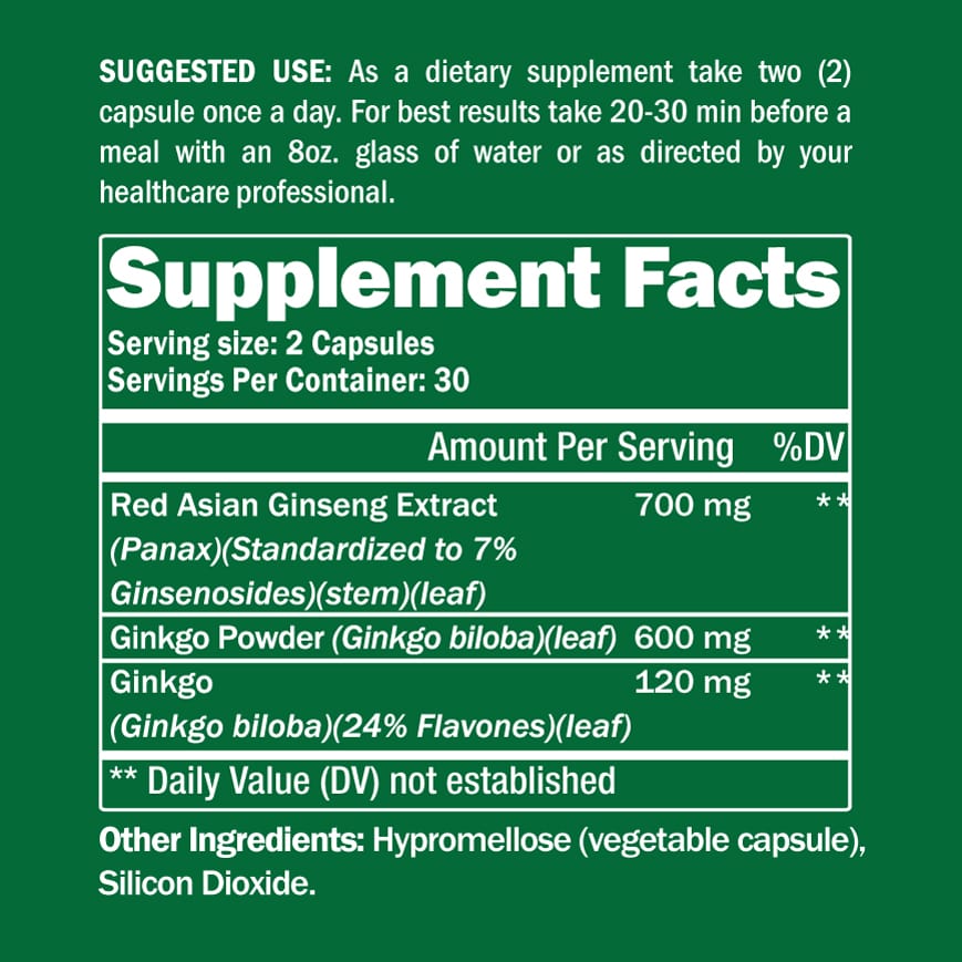 Ginkgo Biloba + Ginseng 60 Capsules - Renee Lane Company