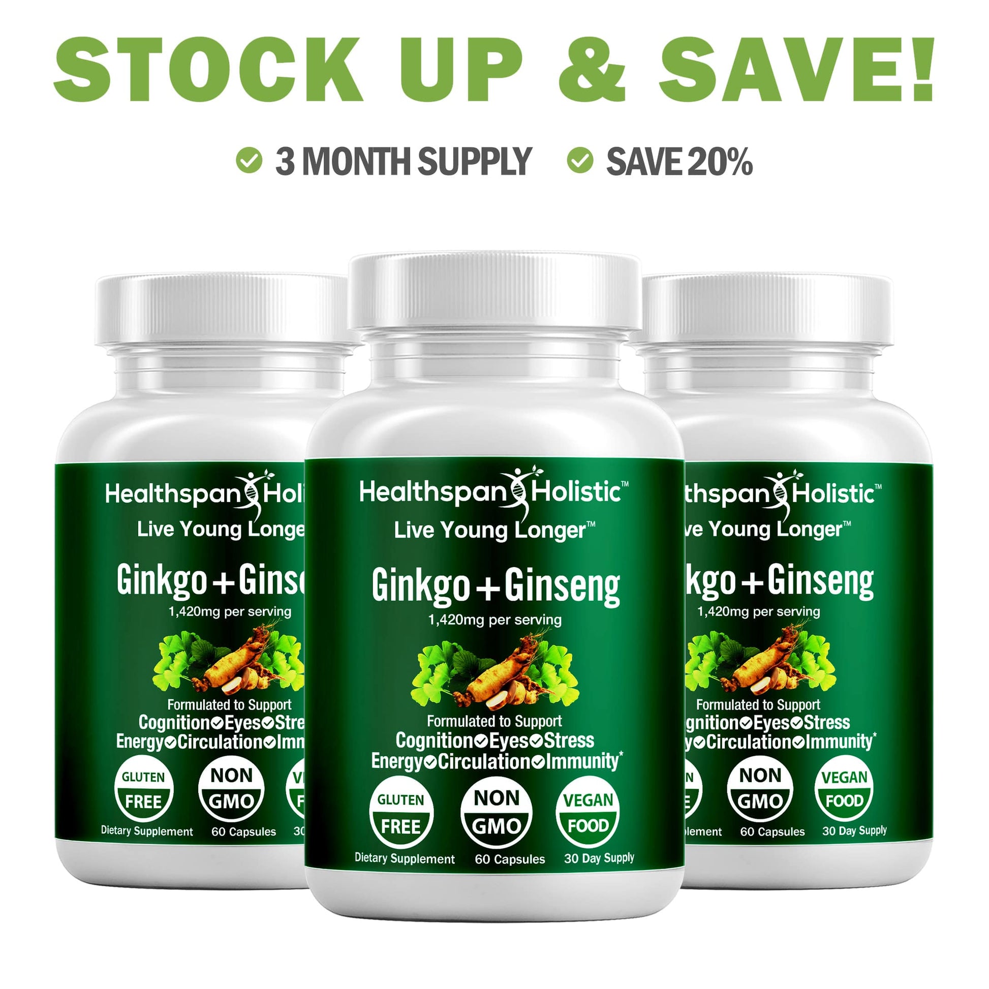 Ginkgo Biloba + Ginseng 60 Capsules - Renee Lane Company