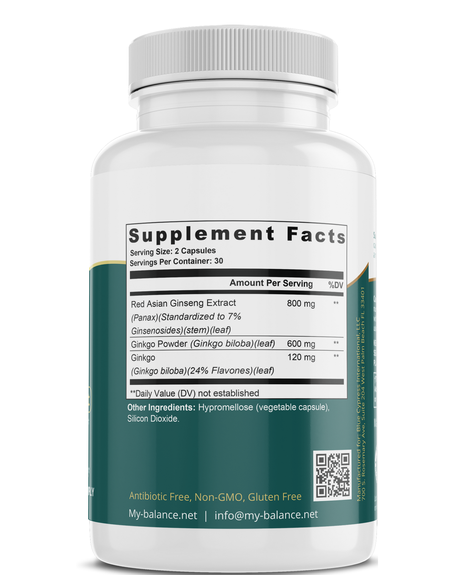 Supplement facts panel on ginkgo biloba capsule bottle, 800 mg per serving