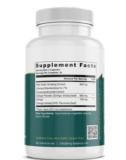 Supplement facts panel on ginkgo biloba capsule bottle, 800 mg per serving