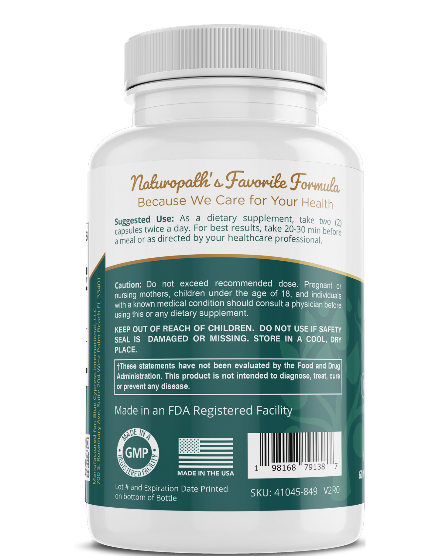 Ginkgo biloba supplement bottle back label with cautions, made in USA and GMP