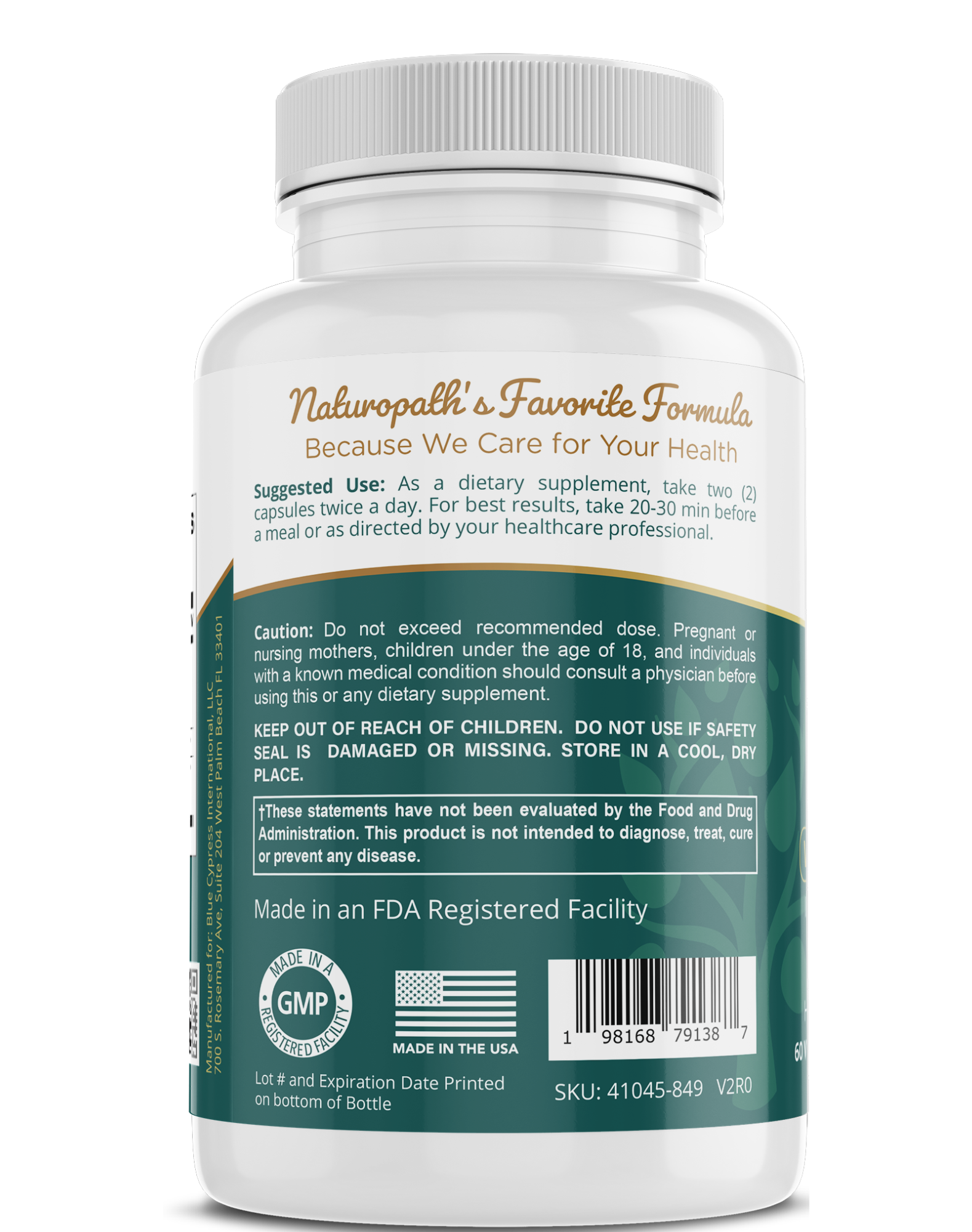 Ginkgo biloba supplement bottle back label with cautions, made in USA and GMP