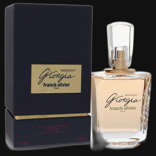 Women’s perfume set with clear glass bottle and gold cap, in dark box