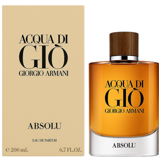 Acqua di Gio Absolu eau de parfum 200 ml bottle with amber liquid and dark brown cap
