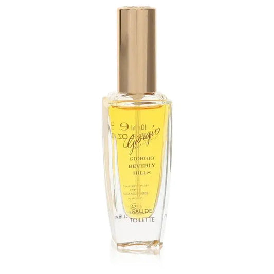 Women’s eau de toilette spray bottle, clear glass with gold-toned cap, front label visible