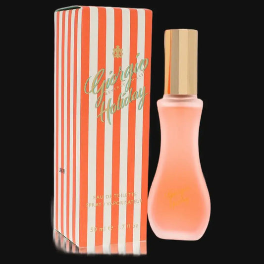 Giorgio Holiday women’s perfume: striped orange box, pink bottle with gold cap