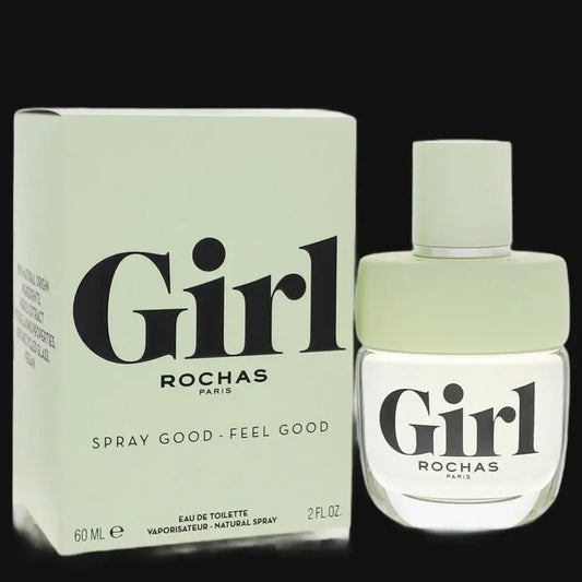 Girl by Rochas perfume bottle with cap and matching box, light green glass and label