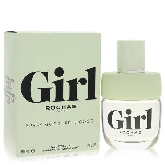 Girl by Rochas perfume bottle and box, light green glass with Girl logo
