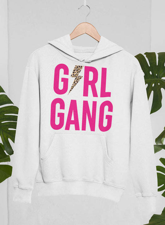 Girl Gang hoodie, white, front logo graphic