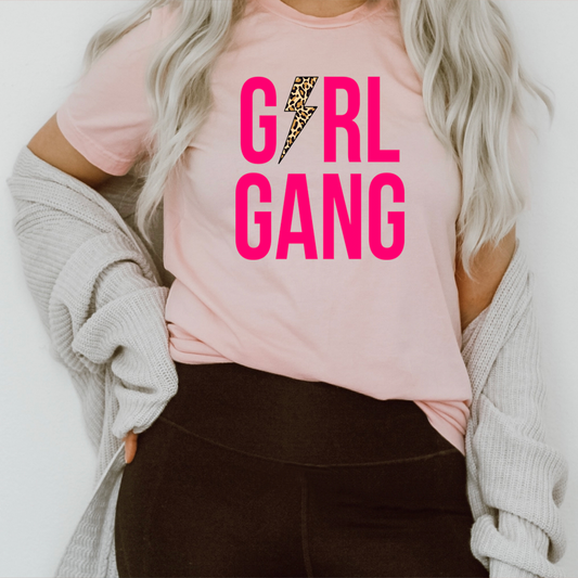 Pink crew-neck T-shirt with bold “GIRL GANG” graphic