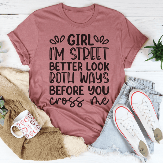 Mauve girls graphic T-shirt with bold front lettering, 'I'm street' and crossing phrase
