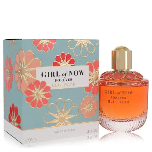 Women’s perfume set: orange bottle with gold cap and white base, with floral gift box