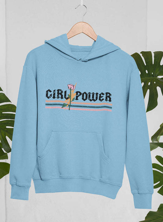 Light blue girl power graphic hoodie with kangaroo pocket and hood