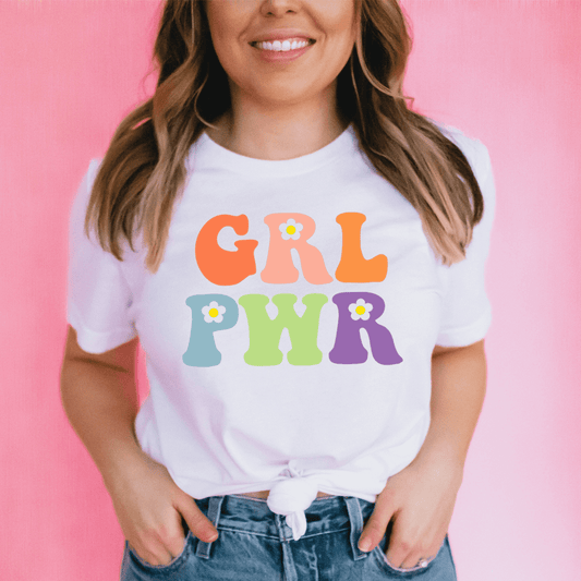 White crew-neck girl power T-shirt with front knot tie and colorful lettering graphic