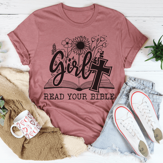 Mauve girls' crew-neck T-shirt with 'Girl' Bible graphic and 'Read your Bible' text