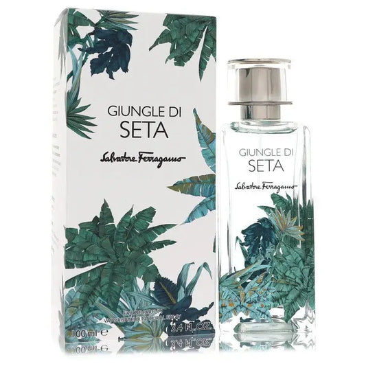 Perfume bottle with matching box, green tropical leaf print and silver cap