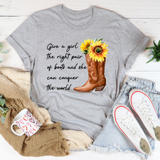 Gray graphic t-shirt with boots and sunflower slogan print on the chest