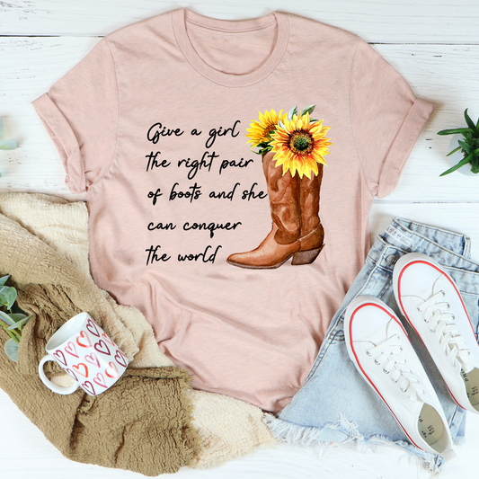 Mauve graphic t-shirt with boots and sunflower slogan print on the chest