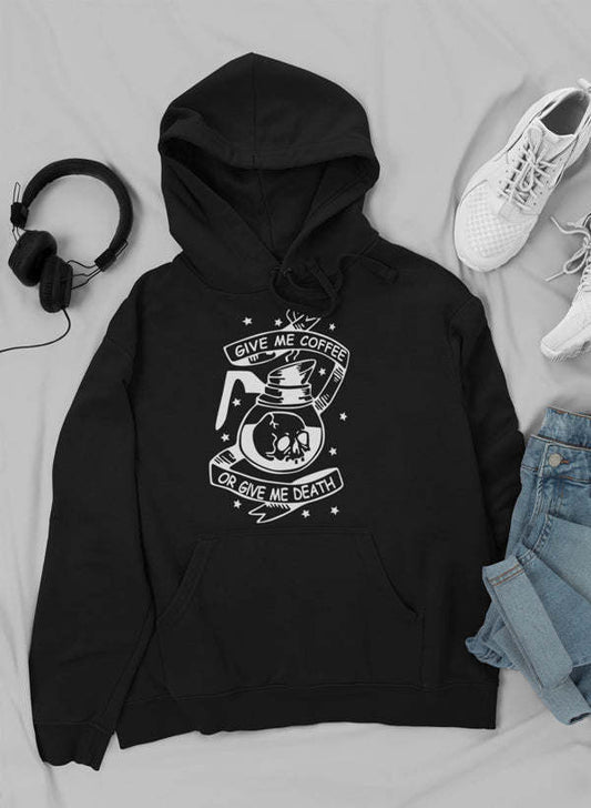 Black hoodie with slogan graphic, front kangaroo pocket, and drawstring hood.