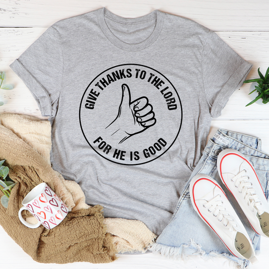 Heather gray T-shirt with circular thumbs-up graphic and “Give thanks” lettering