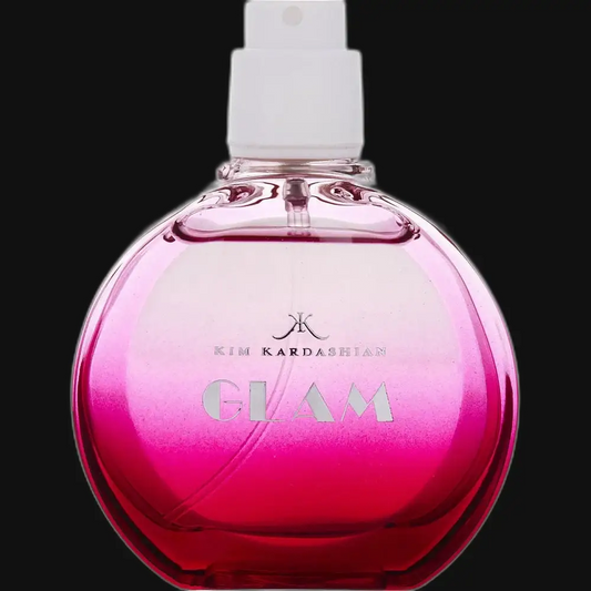 Kim Kardashian Glam perfume bottle with pink gradient glass and spray cap