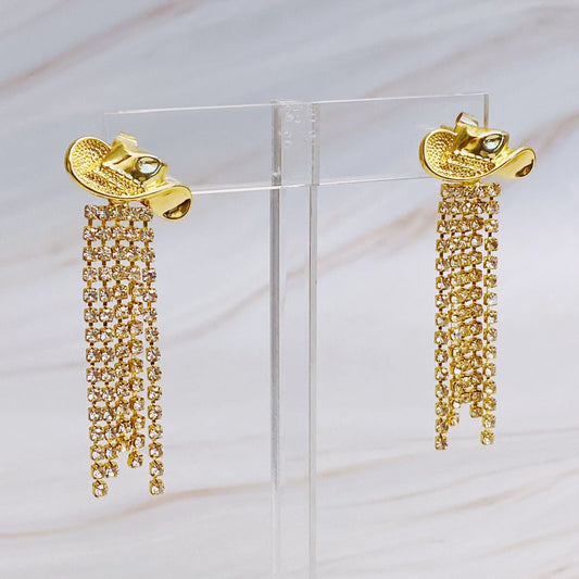 Gold cowboy hat earrings with rhinestone fringe drop