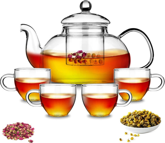Glass teapot with removable infuser and four tea cups set with glass lid
