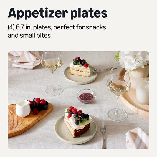 Ivory glazed appetizer plates on table with dessert and snacks