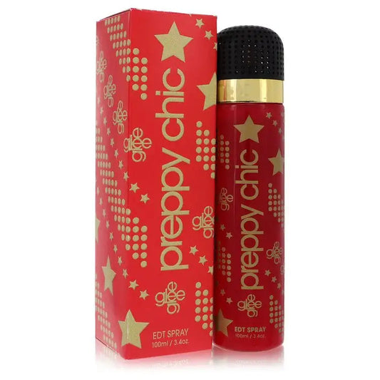 Women's perfume EDP spray bottle beside red star-pattern packaging, black spray cap