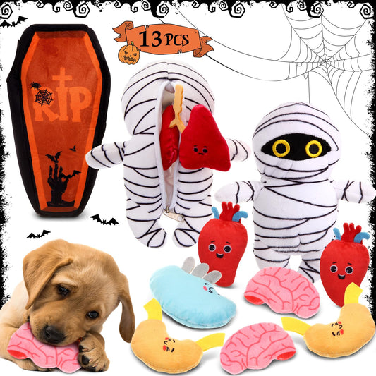 13-piece Halloween dog toy set showing plush mummy dog and orange-red coffin container
