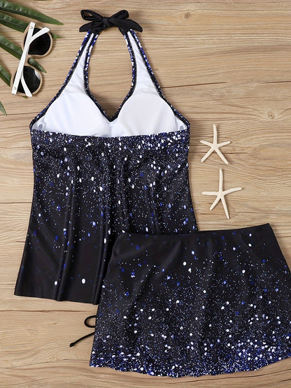 Glitter Galaxy Print Halter 2 Piece Tankini Swimsuit, Tie Neck Backless Drawstring V Neck Stretchy Bathing Suit, Women's Swimwear & Clothing - Renee Lane Company