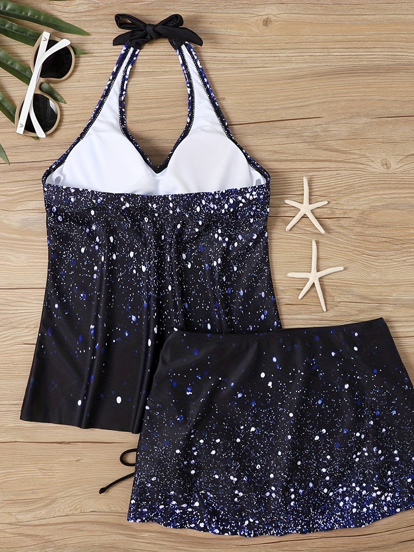 Glitter Galaxy Print Halter 2 Piece Tankini Swimsuit, Tie Neck Backless Drawstring V Neck Stretchy Bathing Suit, Women's Swimwear & Clothing - Renee Lane Company