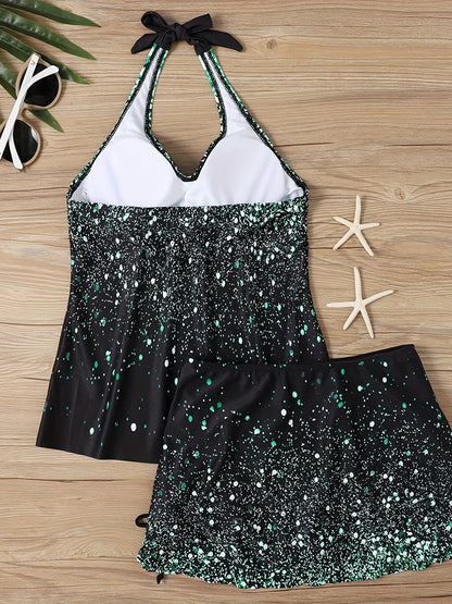 Glitter Galaxy Print Halter 2 Piece Tankini Swimsuit, Tie Neck Backless Drawstring V Neck Stretchy Bathing Suit, Women's Swimwear & Clothing - Renee Lane Company