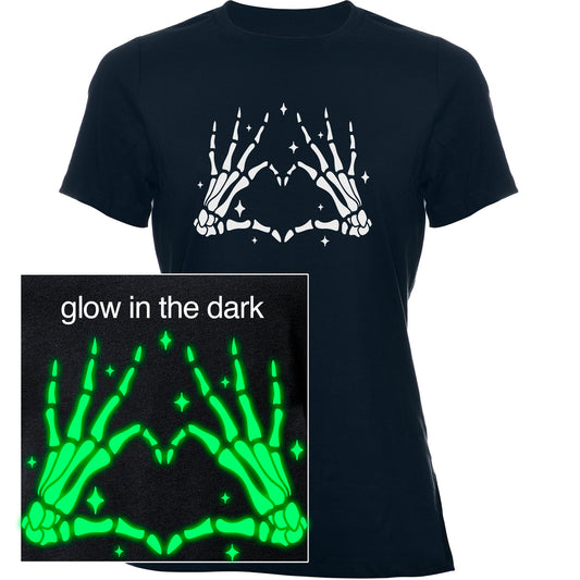 Glow in the Dark Dead Inside Heart Skeleton Hands Black Tee Shirt - Renee Lane Company