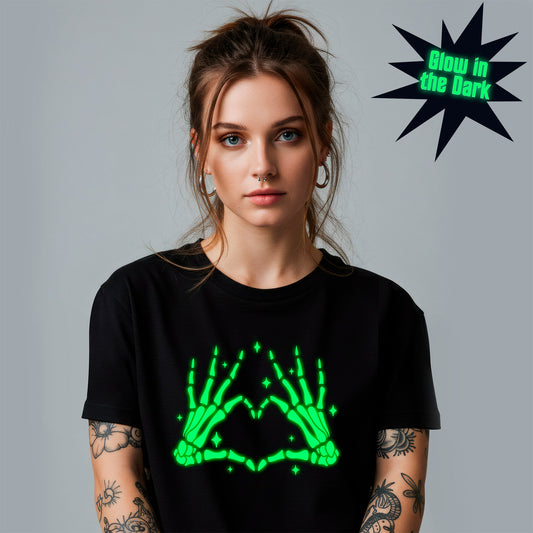 Glow in the Dark Dead Inside Heart Skeleton Hands Black Tee Shirt - Renee Lane Company