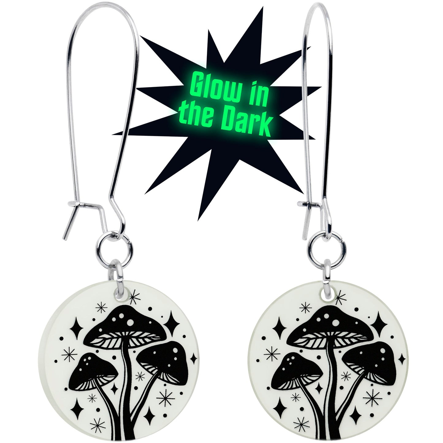 Silver dangle earrings with round pale gray mushroom charms and thin hoop hooks