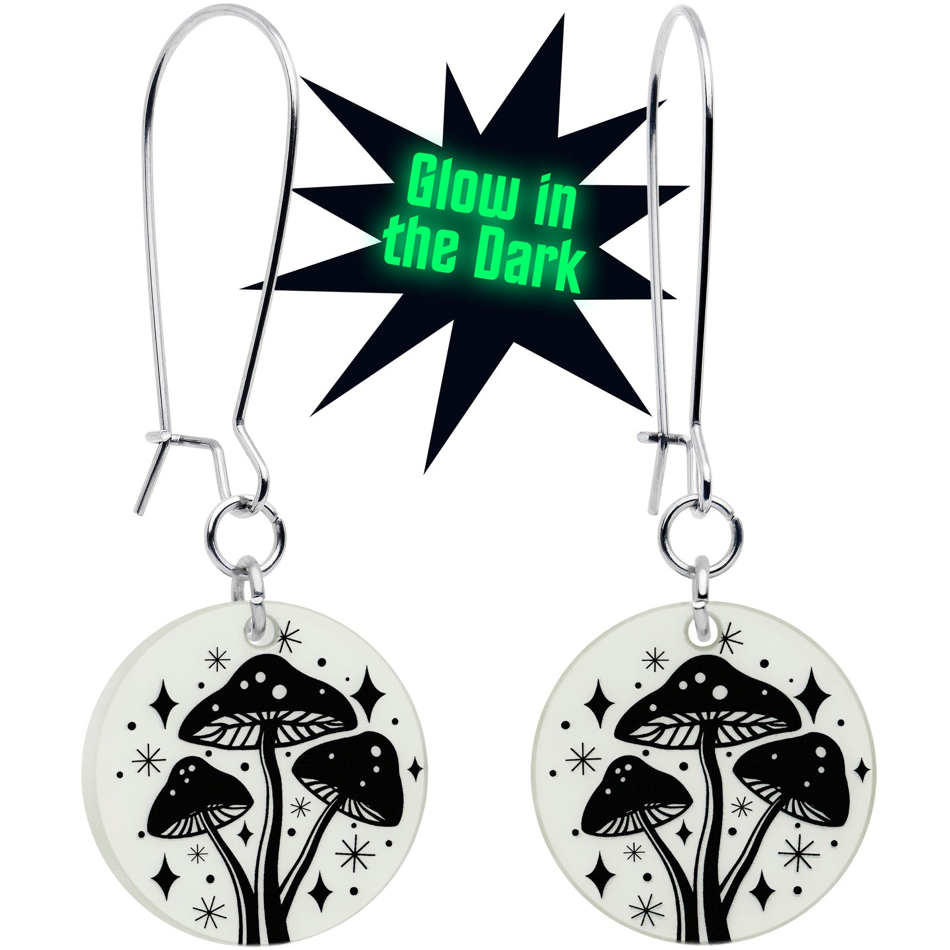 Silver dangle earrings with round pale gray mushroom charms and thin hoop hooks