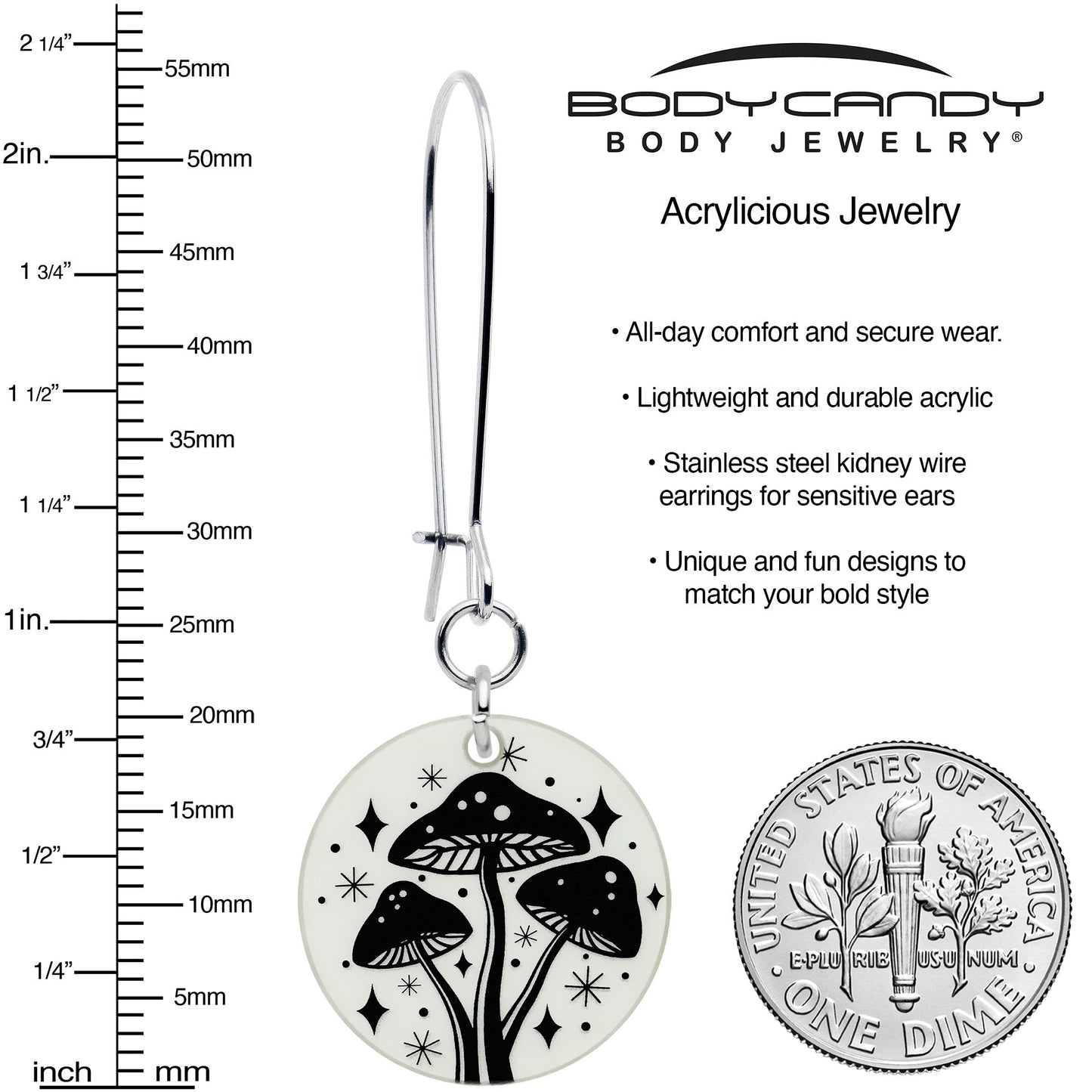 Silver dangle earrings with round acrylic mushroom charm discs on kidney-wire hooks