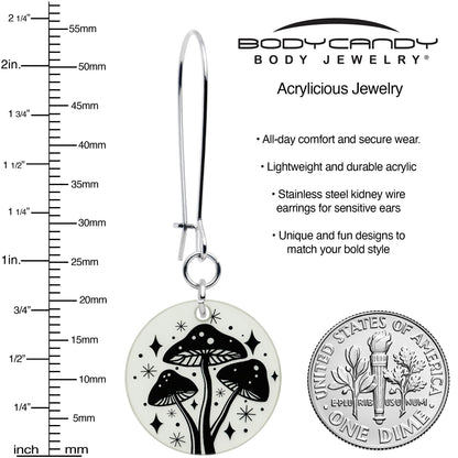 Silver dangle earrings with round acrylic mushroom charm discs on kidney-wire hooks