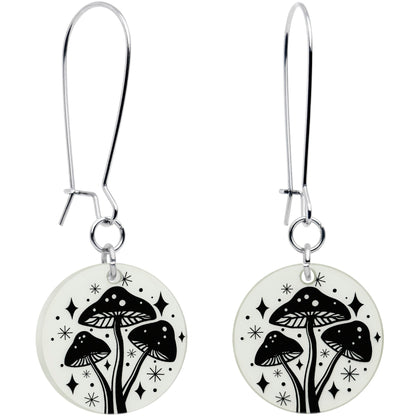 Pair of silver dangle earrings with round pale gray mushroom graphic charms