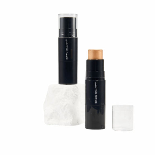 Highlighter stick with black casing, with opened stick and cap on side