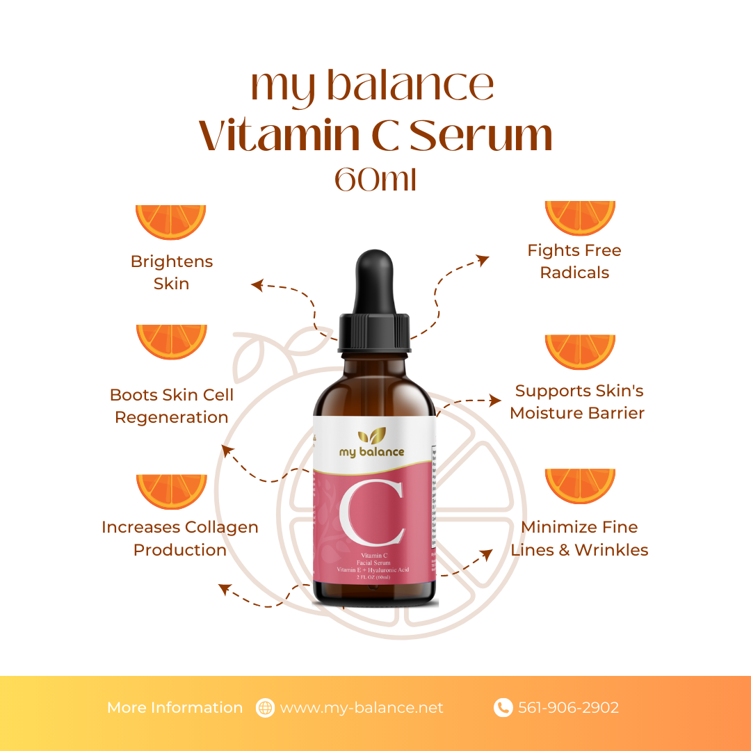 Facial vitamin C serum bottle with black dropper, pink label and 60ml text