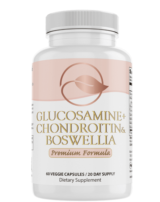 Glucosamine supplement bottle with white cap; front label with ingredients and Premium Formula