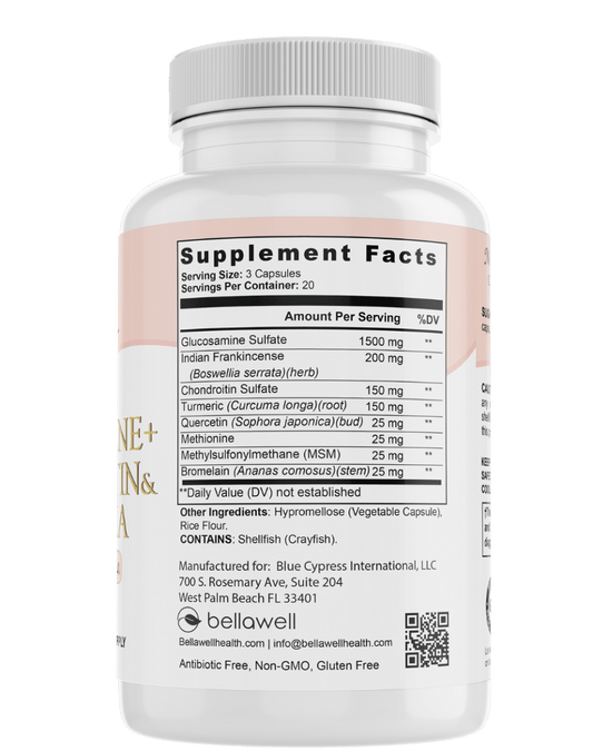 Glucosamine supplement bottle back label with Supplement Facts and dosage amounts per serving