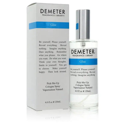 Demeter Glue cologne spray bottle beside matching box, 120 mL