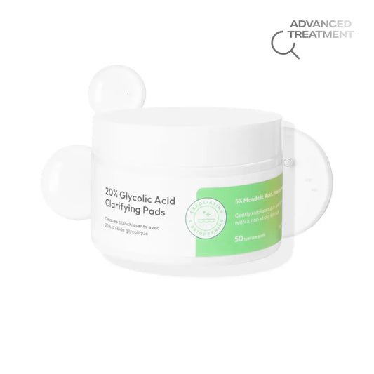 White skincare jar of clarifying peel pads with green label
